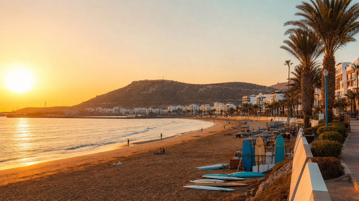 La baie et la plage d'Agadir vues depuis les hauteurs, en fin de journée