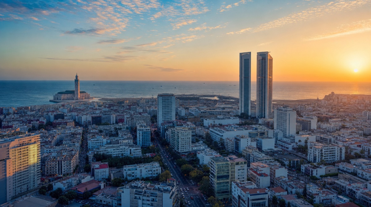 Le front de mer et les immeubles de Casablanca en fin de journée
