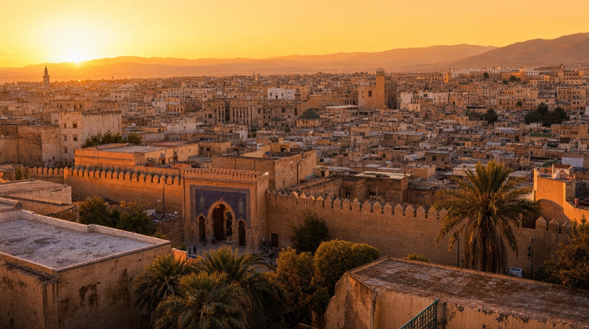 Les toits et les minarets de la médina de Fès vus depuis les hauteurs de la ville