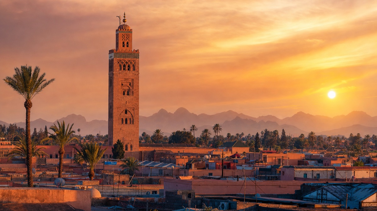 Vue sur les toits et la palmeraie de Marrakech au coucher du soleil