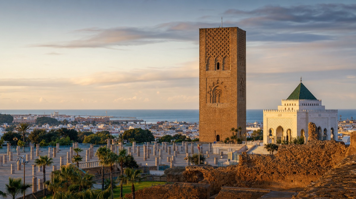 Vue de Rabat depuis le fleuve, avec la kasbah des Oudayas et les immeubles de la ville