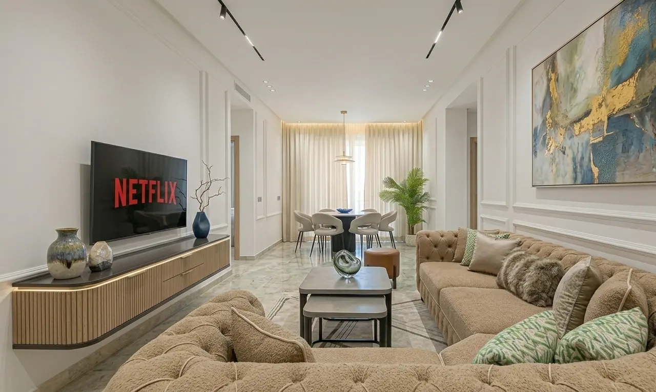 Intérieur d'un appartement géré par un membre du réseau près de Casa Finance City, à Casablanca