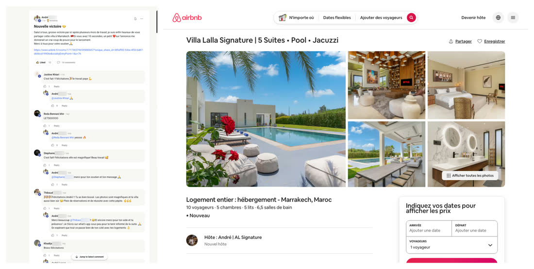Message d'André dans la communauté du réseau annonçant la mise en ligne d'une villa à Marrakech, à côté de l'annonce Airbnb correspondante