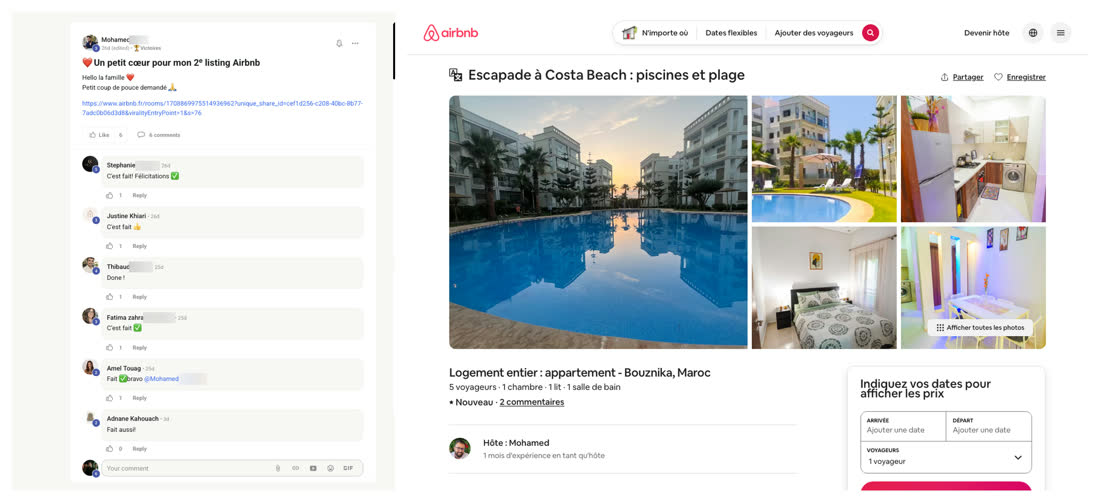 Message de Mohamed dans la communauté du réseau pour son deuxième logement, à côté de l'annonce Airbnb d'un appartement avec piscines à Bouznika