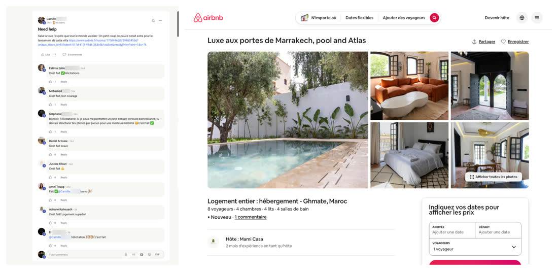 Message de Camille dans la communauté du réseau demandant un coup de pouce pour son lancement, à côté de l'annonce Airbnb d'une villa avec piscine près de Marrakech