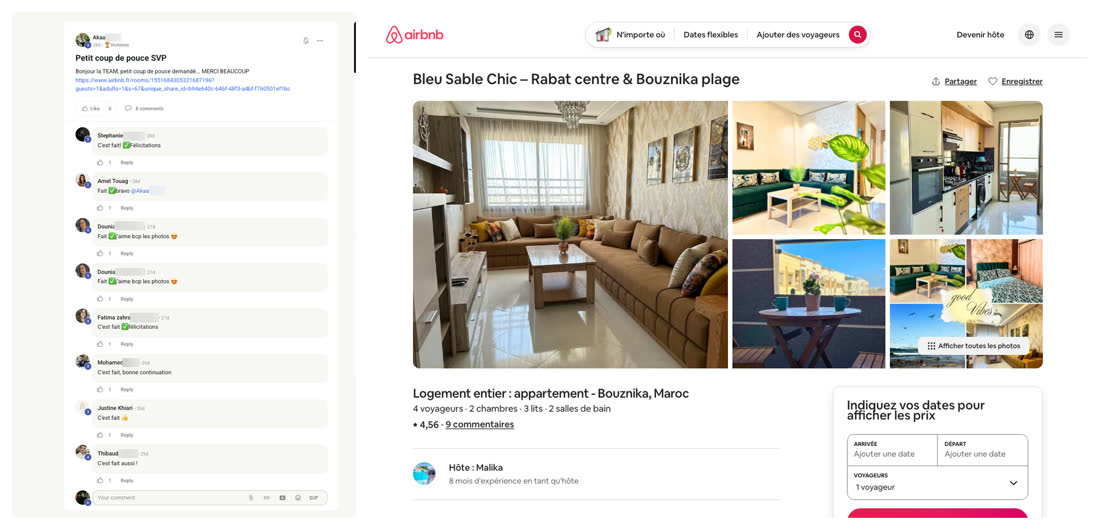 Message d'un membre du réseau demandant du soutien à la communauté, à côté de l'annonce Airbnb d'un appartement à Bouznika sur la côte atlantique