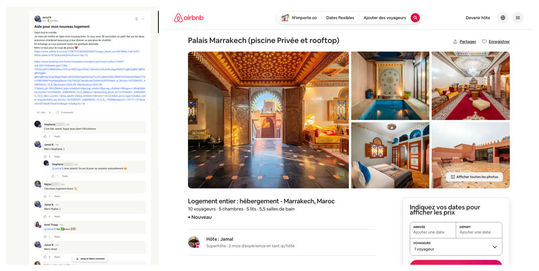 Message de Jamal dans la communauté du réseau à propos de son nouveau logement, à côté de l'annonce Airbnb d'un palais à Marrakech avec piscine et rooftop
