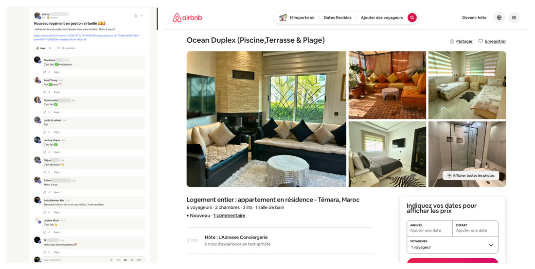 Message de Salima dans la communauté du réseau annonçant un nouveau logement en gestion, à côté de l'annonce Airbnb d'un appartement en résidence à Témara