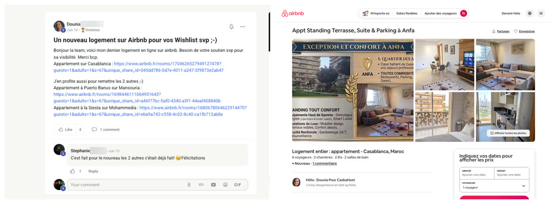 Message de Dounia dans la communauté du réseau annonçant un nouveau logement, à côté de l'annonce Airbnb d'un appartement à Anfa, Casablanca