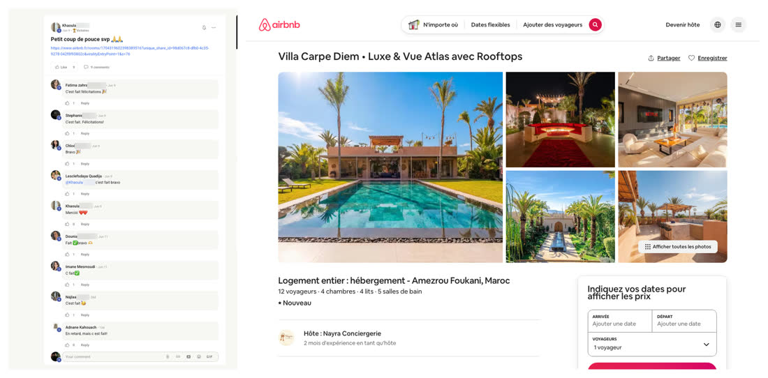 Message d'une membre du réseau demandant un coup de pouce, à côté de l'annonce Airbnb d'une villa de luxe avec piscine, rooftops et vue sur l'Atlas dans la région de Marrakech