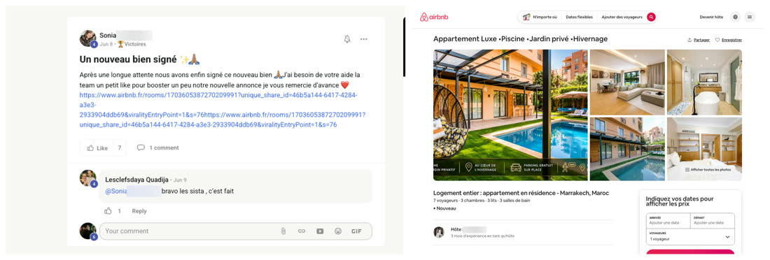 Message d'une membre du réseau annonçant un nouveau bien signé, à côté de l'annonce Airbnb d'un appartement de luxe avec piscine et jardin privé dans le quartier Hivernage à Marrakech