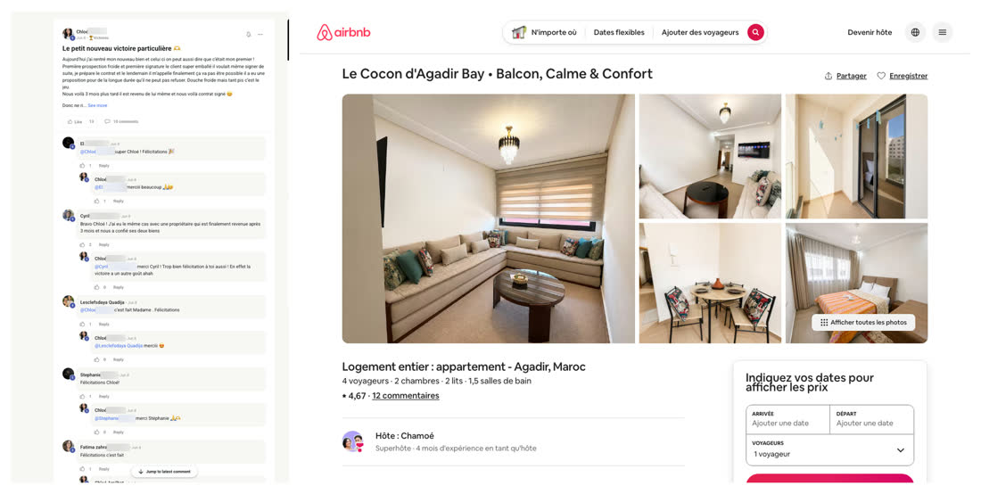 Message d'une membre du réseau racontant sa première prospection et sa première signature, à côté de l'annonce Airbnb d'un appartement à Agadir Bay