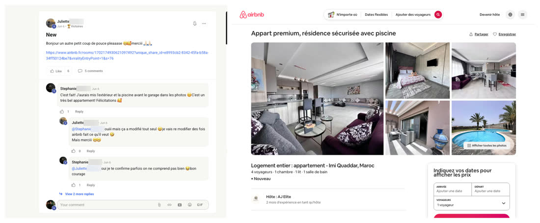Message d'une membre du réseau demandant du soutien pour une nouvelle annonce, à côté de l'annonce Airbnb d'un appartement premium en résidence sécurisée avec piscine à Imi Ouaddar