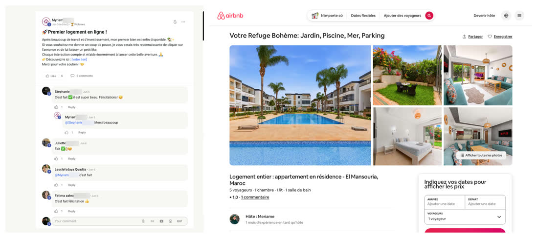 Message d'une membre du réseau annonçant la mise en ligne de son premier logement, à côté de l'annonce Airbnb d'un appartement en résidence avec jardin et piscine à El Mansouria