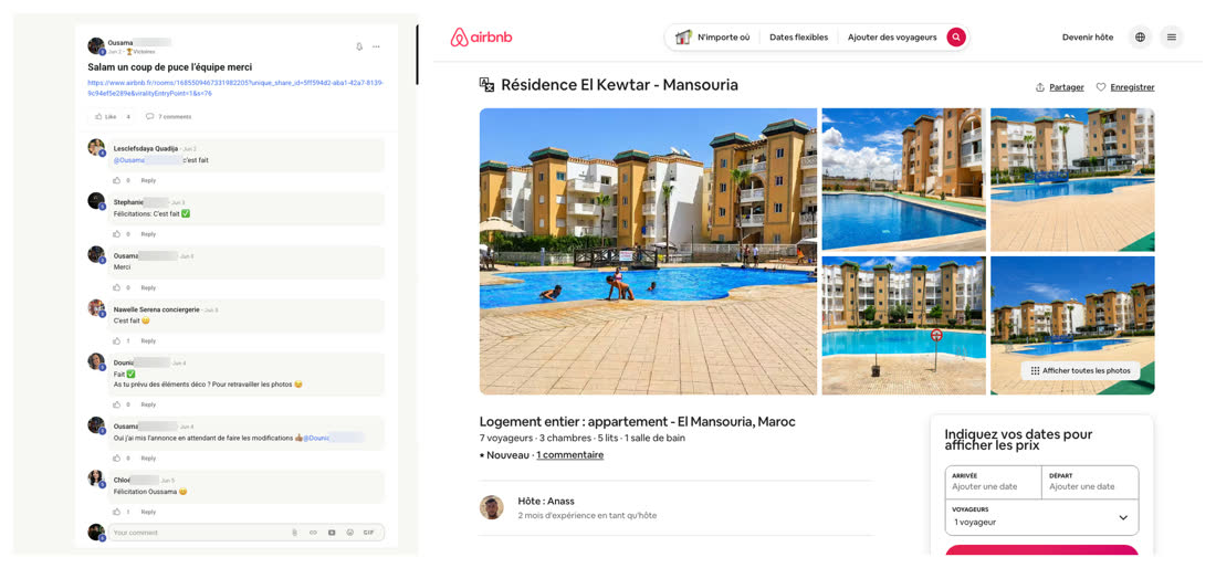 Message d'Ousama dans la communauté du réseau, à côté de l'annonce Airbnb d'un appartement en résidence avec piscine à Mansouria