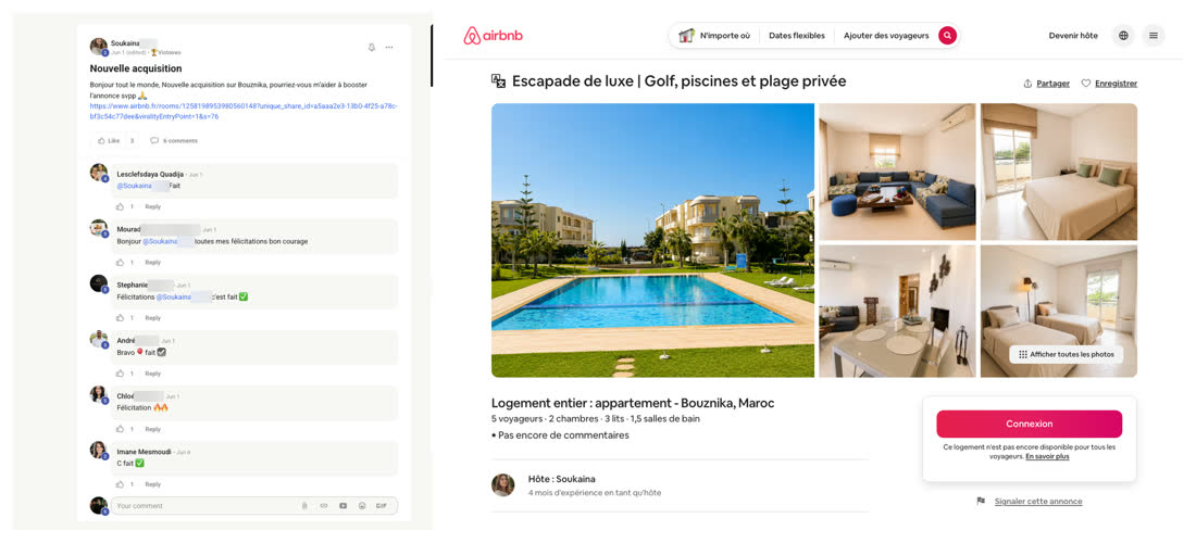 Message d'une membre du réseau annonçant une nouvelle acquisition, à côté de l'annonce Airbnb d'un appartement avec golf, piscines et plage privée à Bouznika