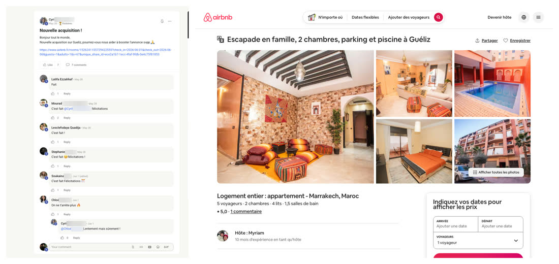 Message d'un membre du réseau annonçant une nouvelle acquisition en gestion, à côté de l'annonce Airbnb d'un appartement avec parking et piscine dans le quartier Guéliz à Marrakech