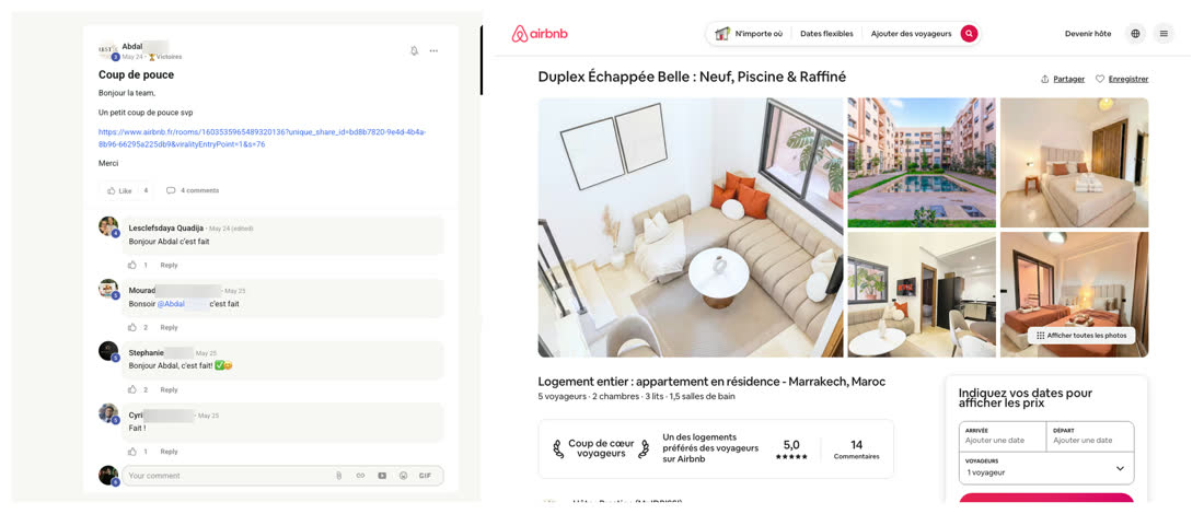 Message d'Abdal dans la communauté du réseau, à côté de l'annonce Airbnb d'un duplex neuf avec piscine à Marrakech noté cinq sur cinq