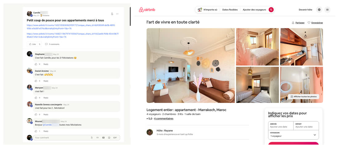Message d'une membre du réseau demandant un coup de pouce pour deux appartements, à côté de l'annonce Airbnb d'un appartement lumineux à Marrakech