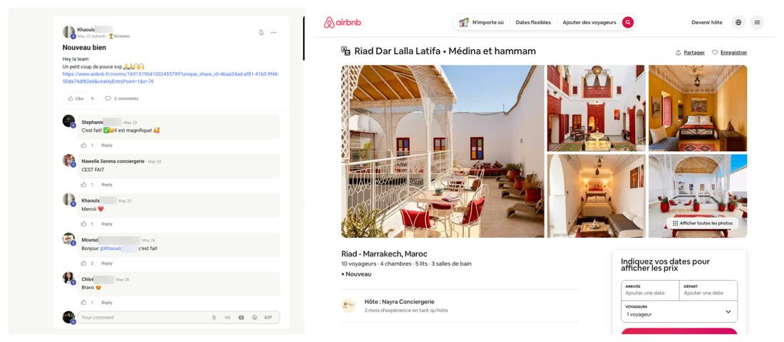 Message d'une membre du réseau annonçant un nouveau bien, à côté de l'annonce Airbnb d'un riad avec hammam dans la médina de Marrakech