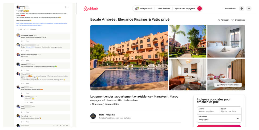 Message d'une membre du réseau annonçant son premier bien en gestion, à côté de l'annonce Airbnb d'un appartement en résidence avec piscines et patio privé à Marrakech
