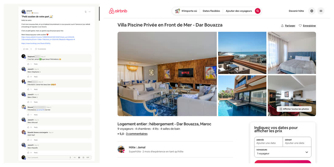 Message de Jamal dans la communauté du réseau, à côté de l'annonce Airbnb d'une villa avec piscine en front de mer à Dar Bouazza
