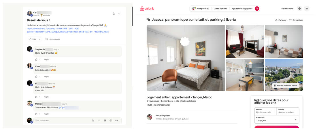 Message d'un membre du réseau demandant l'aide de la communauté, à côté de l'annonce Airbnb d'un appartement avec jacuzzi sur le toit à Tanger