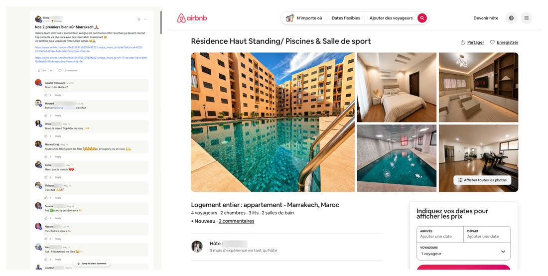 Message d'une membre du réseau annonçant ses deux premiers biens à Marrakech, à côté de l'annonce Airbnb d'un appartement en résidence haut standing avec piscines et salle de sport