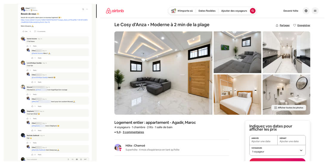 Message d'une membre du réseau demandant l'aide de la communauté pour un nouveau logement, à côté de l'annonce Airbnb d'un appartement moderne à deux minutes de la plage à Agadir