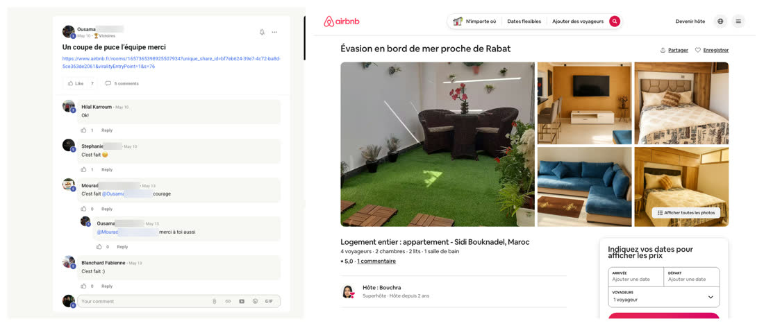 Message d'un membre du réseau demandant un coup de pouce à la communauté, à côté de l'annonce Airbnb d'un appartement en bord de mer à Sidi Bouknadel, près de Rabat