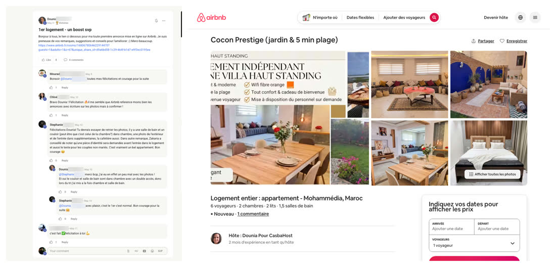 Message d'une membre du réseau demandant un retour de la communauté sur sa première annonce, à côté de l'annonce Airbnb d'un appartement à Mohammédia