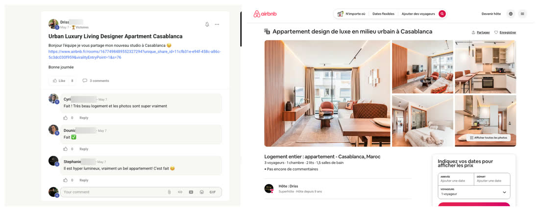 Message de Driss dans la communauté du réseau présentant son nouveau studio à Casablanca, à côté de l'annonce Airbnb du logement