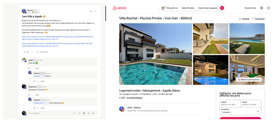 Message de Shaima dans la communauté du réseau annonçant sa première villa à Agadir, à côté de l'annonce Airbnb correspondante