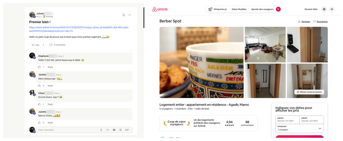Message d'une membre du réseau annonçant son premier bien, à côté de l'annonce Airbnb d'un appartement en résidence à Agadir, distingué coup de coeur voyageurs avec de nombreux commentaires