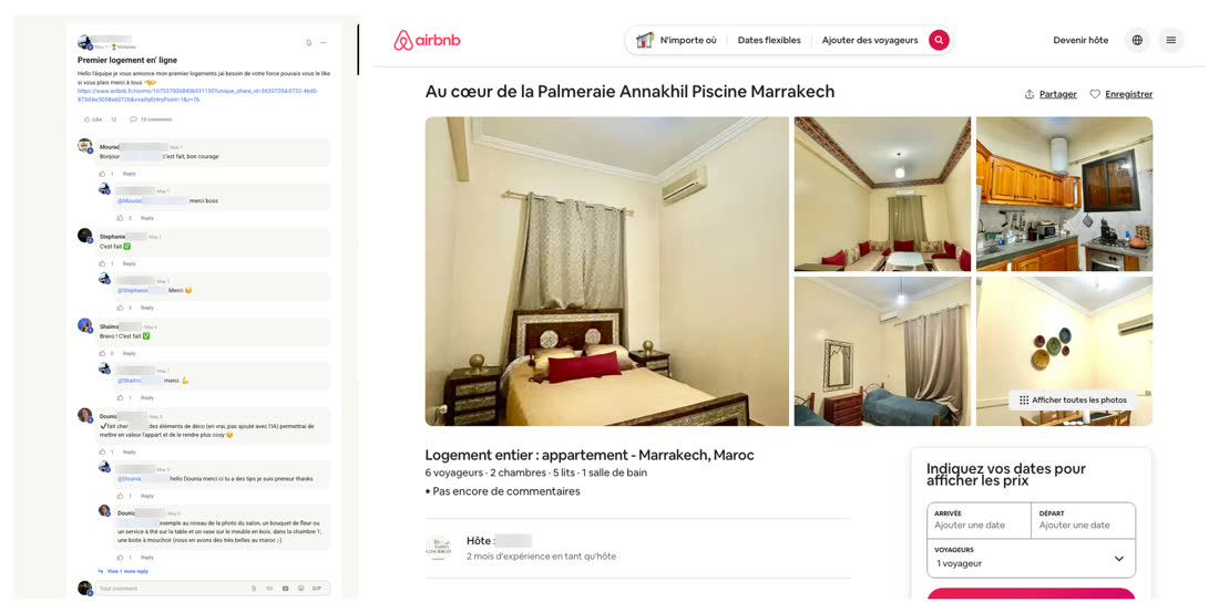 Message d'un membre du réseau annonçant son premier logement en ligne, à côté de l'annonce Airbnb d'un appartement avec piscine dans la Palmeraie Annakhil à Marrakech