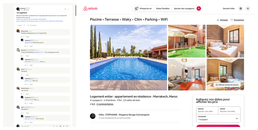 Message de Stéphanie dans la communauté du réseau annonçant son premier logement, à côté de l'annonce Airbnb d'un appartement en résidence à Marrakech avec piscine