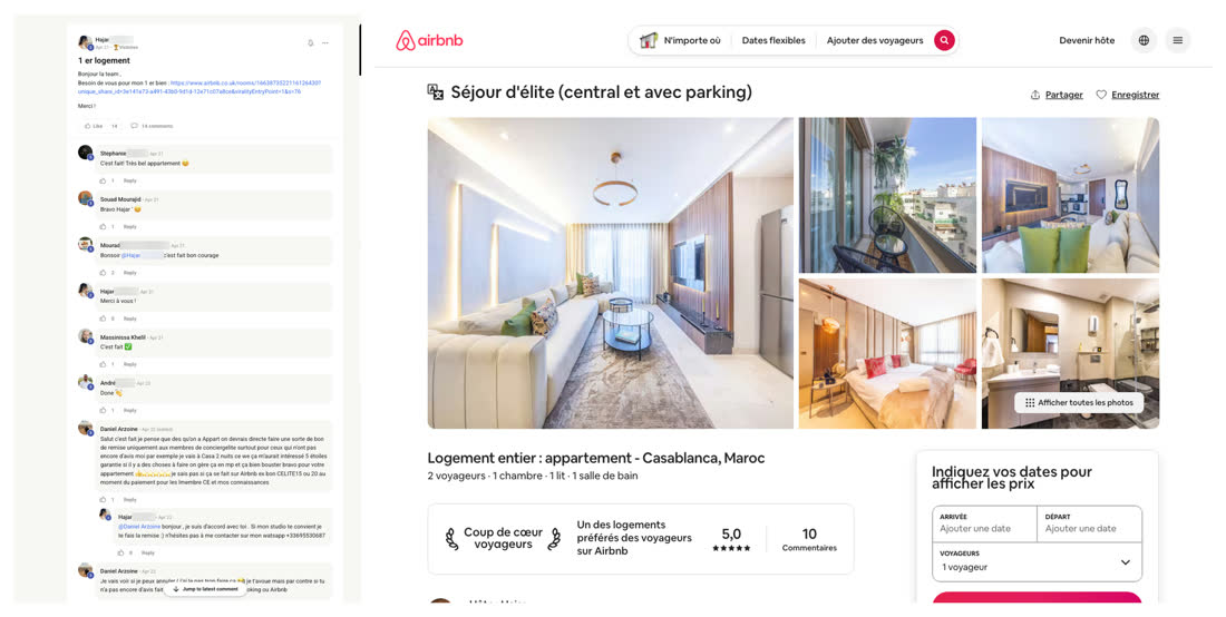 Message de Hajar dans la communauté du réseau pour son premier logement, à côté de l'annonce Airbnb d'un appartement central à Casablanca