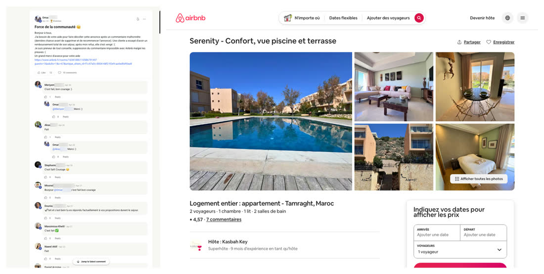 Message d'un membre du réseau demandant l'aide de la communauté, à côté de l'annonce Airbnb d'un appartement avec vue piscine et terrasse à Tamraght
