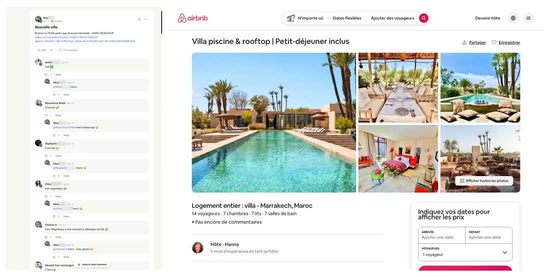 Message d'un membre du réseau annonçant une nouvelle villa en gestion, à côté de l'annonce Airbnb d'une villa avec grande piscine et rooftop à Marrakech