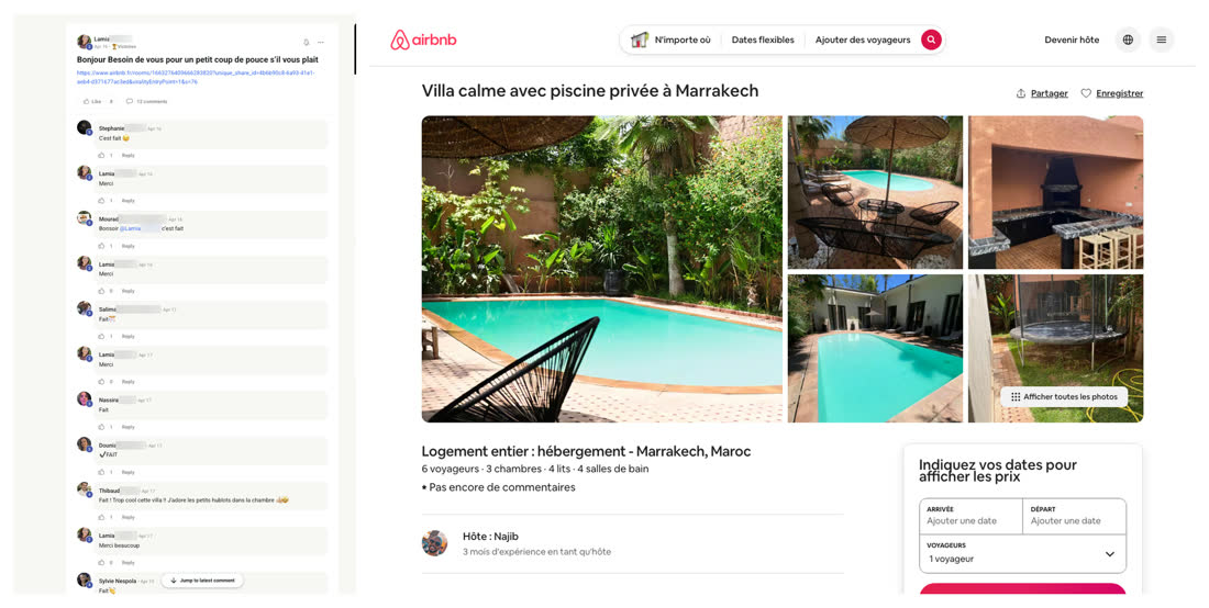 Message de Lamia dans la communauté du réseau, à côté de l'annonce Airbnb d'une villa avec piscine privée à Marrakech