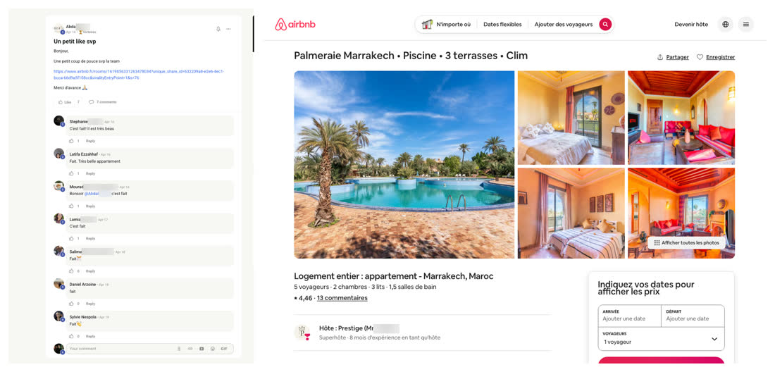 Message d'un membre du réseau demandant du soutien à la communauté, à côté de l'annonce Airbnb d'un appartement avec piscine et trois terrasses dans la Palmeraie de Marrakech
