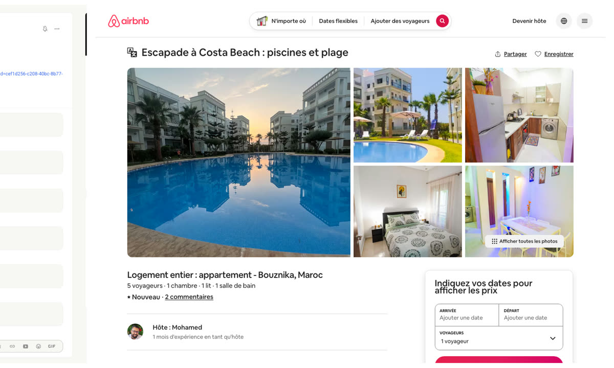 Annonce Airbnb d'un appartement à Bouznika au Maroc, avec piscine et vue sur la plage, gérée par un membre du réseau