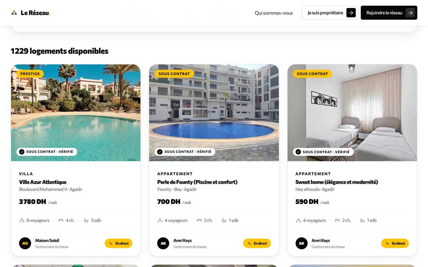 Capture de la place de marché du Réseau affichant des logements disponibles à Agadir avec leur gestionnaire