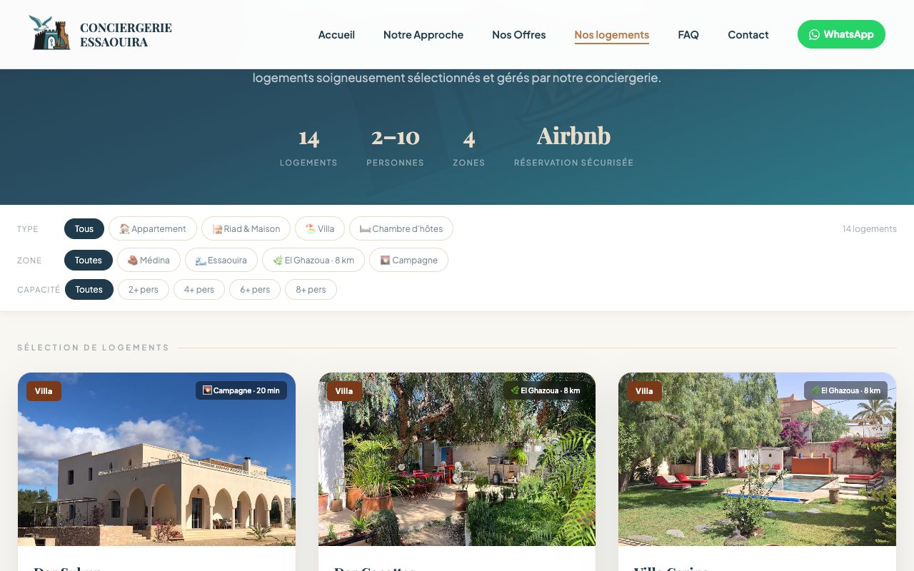 Capture du site d'une conciergerie du réseau à Essaouira, avec la sélection de logements gérés
