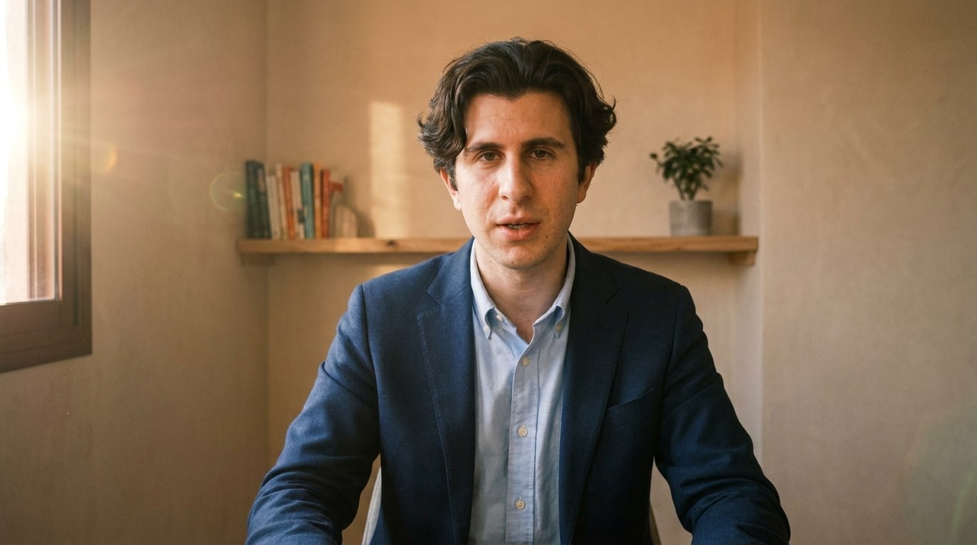 Un coach du réseau en visio, assis dans un bureau clair, pendant un appel d'accompagnement