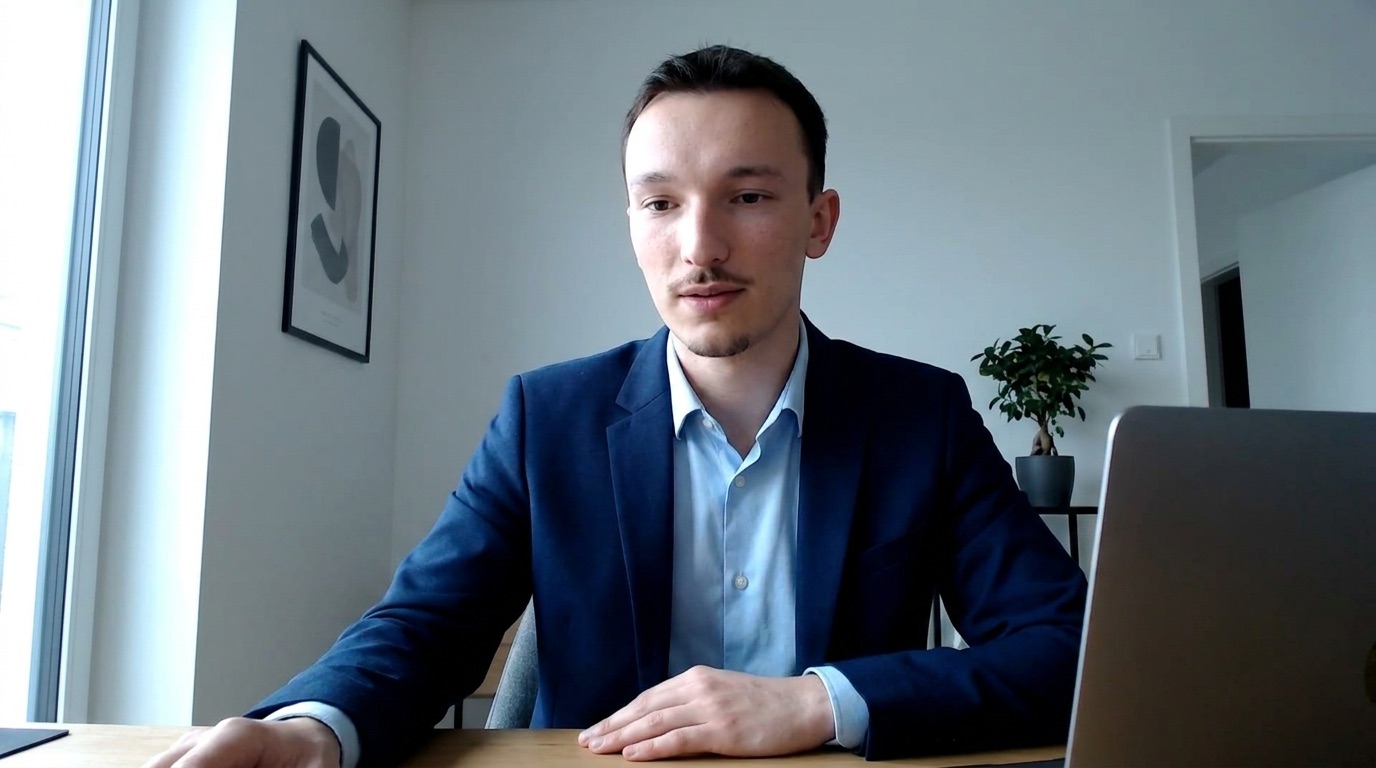 Un homme en veste bleue participe à un appel en visio depuis un bureau clair, ordinateur portable ouvert