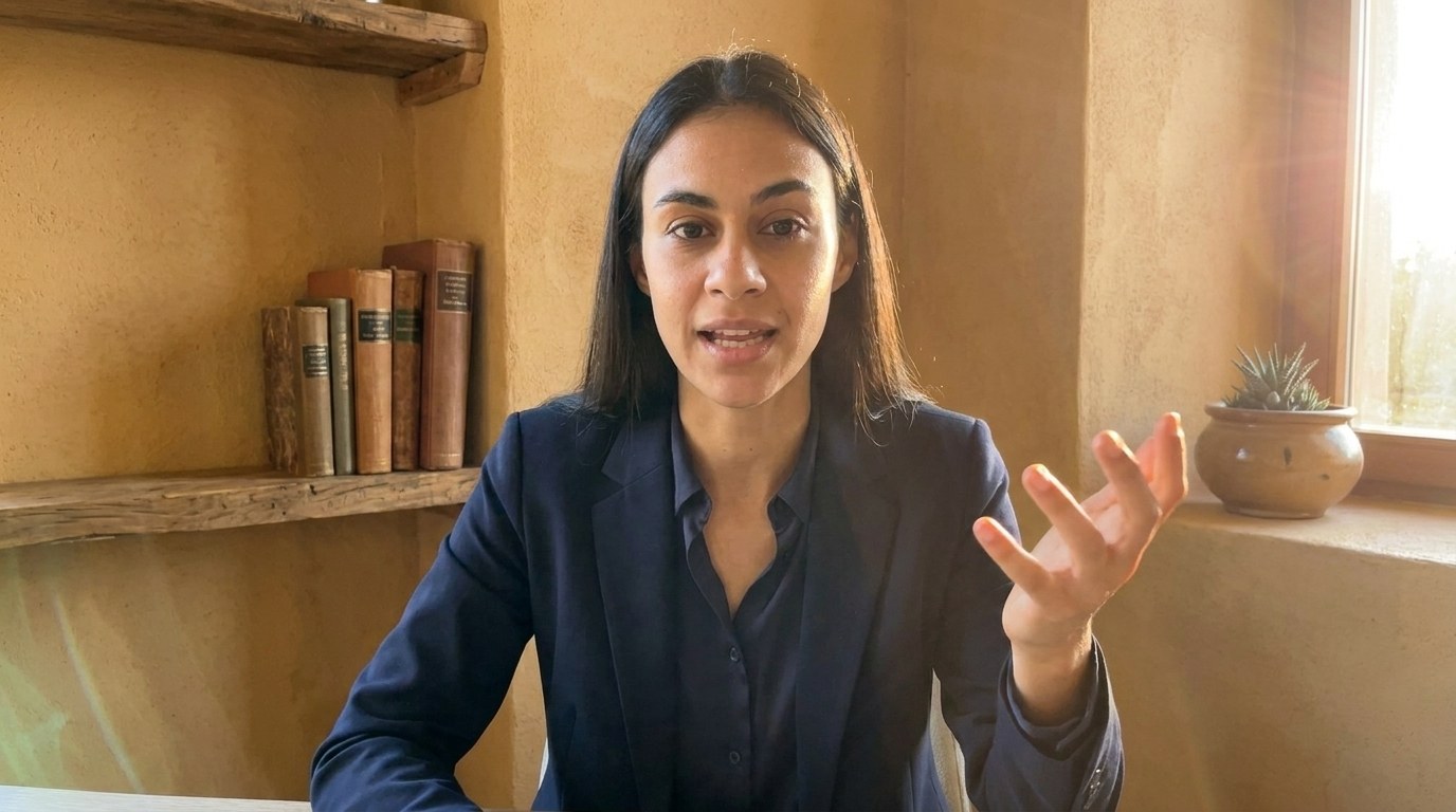 Une femme en veste sombre parle face caméra lors d'un appel en visio, dans une pièce aux murs ocre